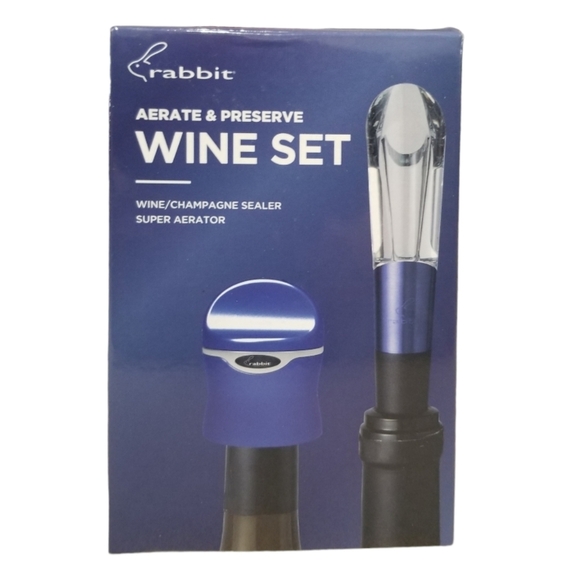 Rabbit Aerate & Preserve Wine Set New in Box Wine Champagne Sealer Aerator Blue - Picture 2 of 2